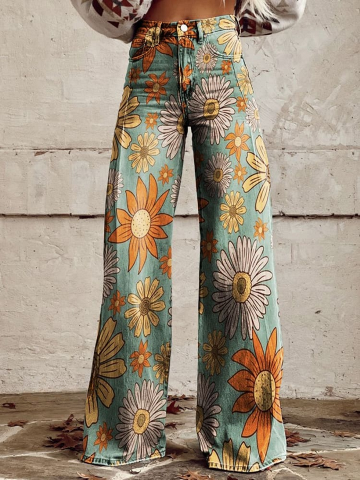 DAISY™ - Vintage Kwiatowe Spodnie z Szerokimi Nogawkami
