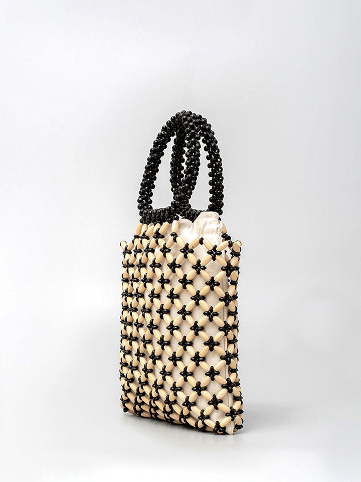 Woven Bag with Wooden Beads in Contrasting Colors