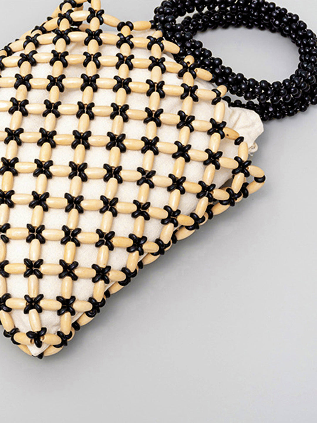 Woven Bag with Wooden Beads in Contrasting Colors