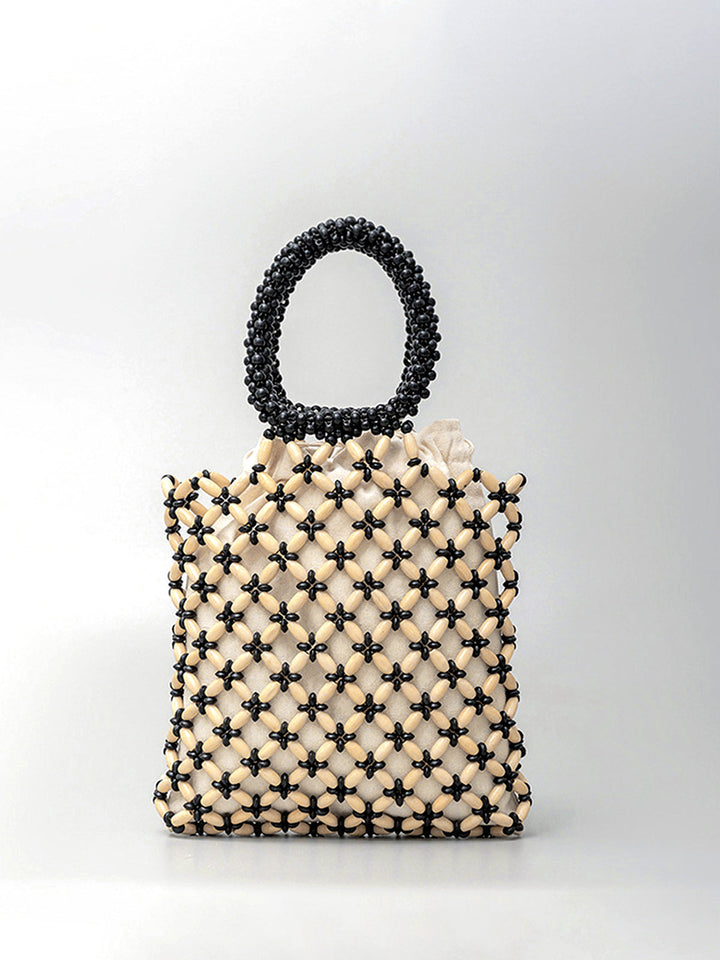Woven Bag with Wooden Beads in Contrasting Colors