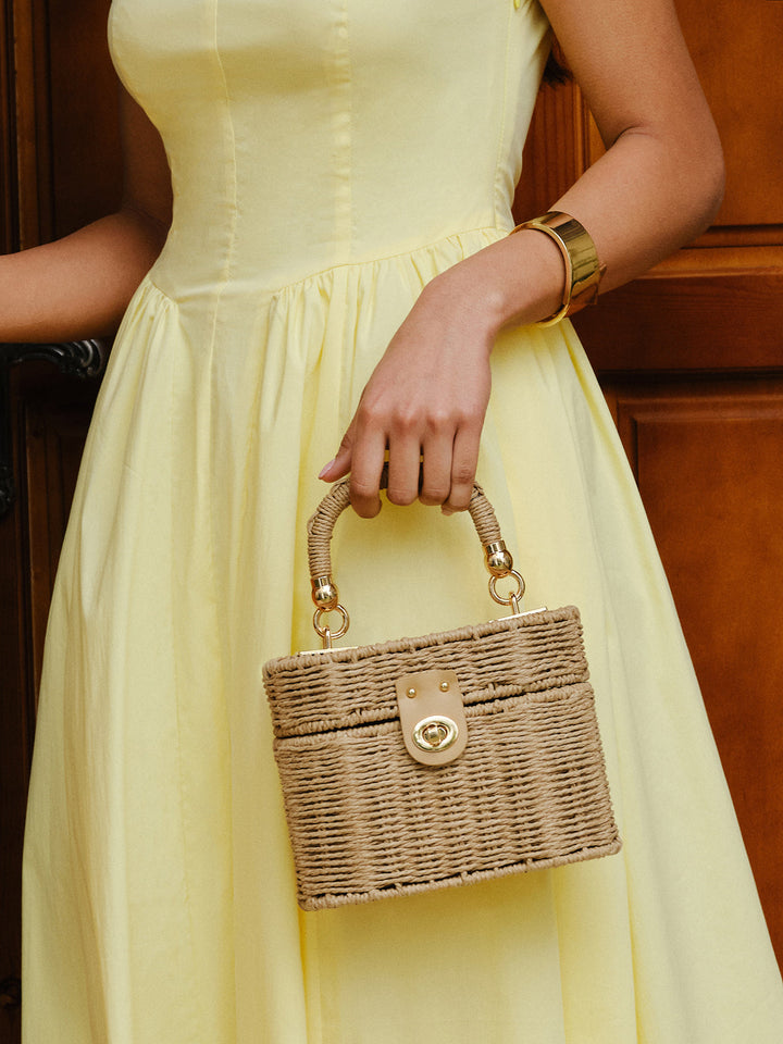 Rattan Woven Box Bag Featuring Turn-Lock Closure