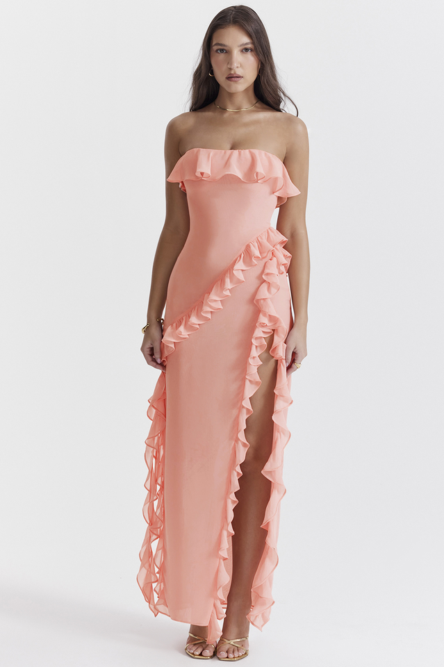 Rosa | Długa Sukienka z Falbanami i Detalem w Stylu Strapless