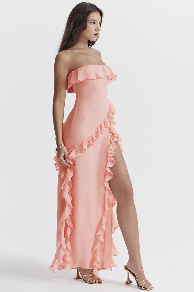 Rosa | Długa Sukienka z Falbanami i Detalem w Stylu Strapless