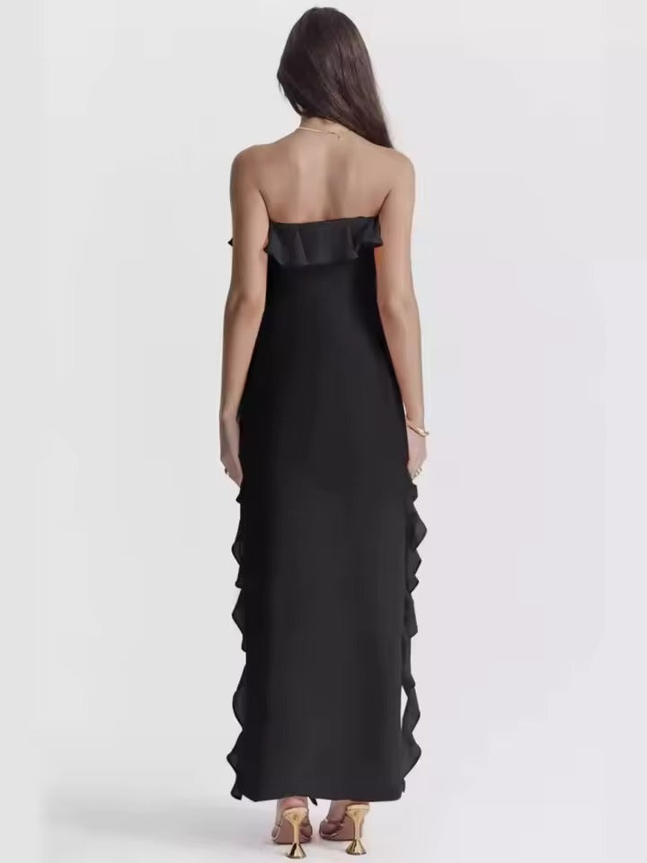 Rosa | Długa Sukienka z Falbanami i Detalem w Stylu Strapless