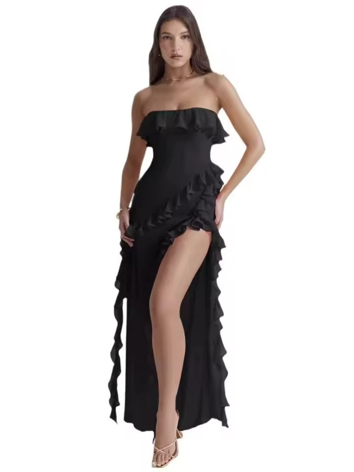 Rosa | Długa Sukienka z Falbanami i Detalem w Stylu Strapless
