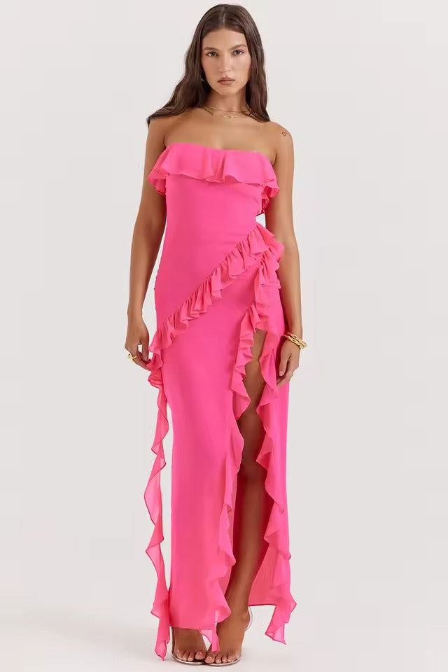 Rosa | Długa Sukienka z Falbanami i Detalem w Stylu Strapless