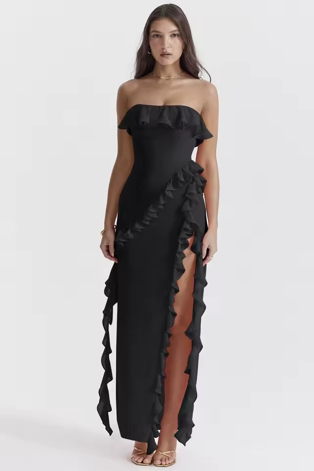 Rosa | Długa Sukienka z Falbanami i Detalem w Stylu Strapless