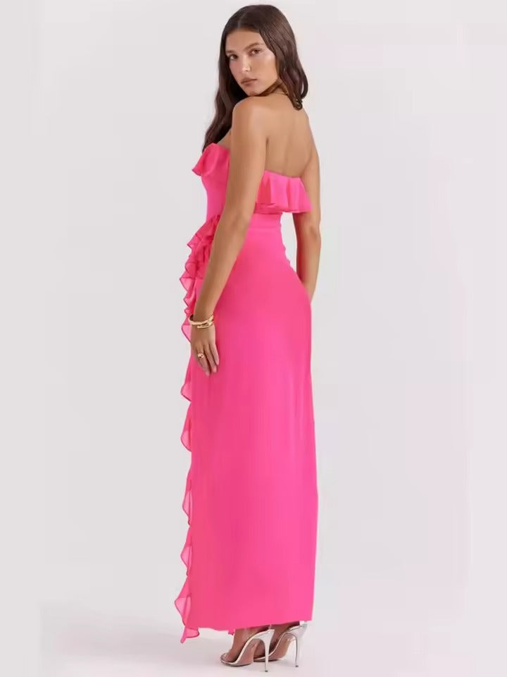 Rosa | Długa Sukienka z Falbanami i Detalem w Stylu Strapless
